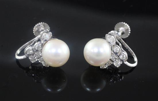 A pair of 14ct white gold, cultured pearl and diamond cluster set ear clips, 13mm.